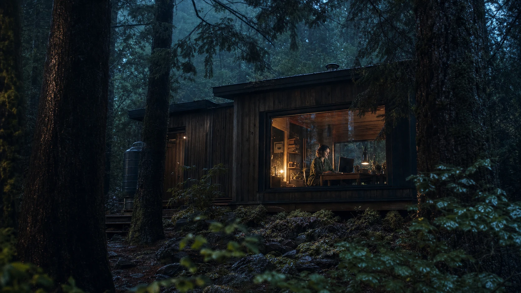Forest cabin at blue hour with the designer working inside