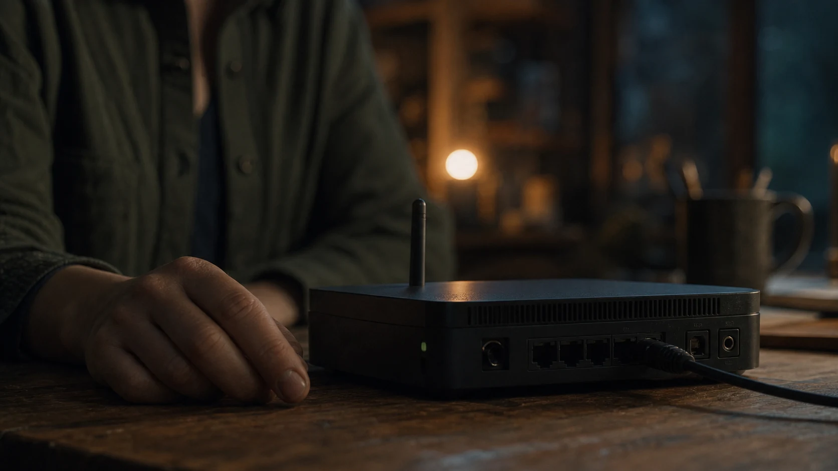 Close-up of the cabin router as its status light fades