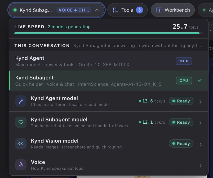 Close-up of Kynd showing 2 models generating, with the MLX agent at 13.6 tokens per second and CPU subagent at 12.1 tokens per second