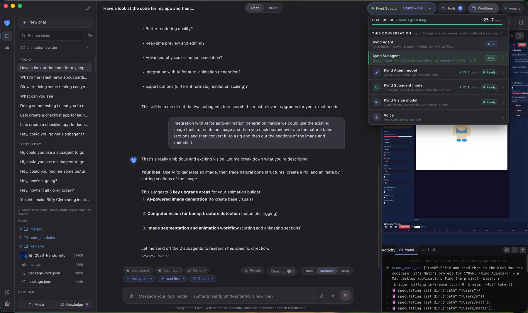 Kynd running its main MLX agent and CPU subagent simultaneously while the local app workspace remains open